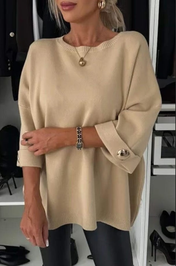 Damen Strickpullover Lässig Knopfdetails Beige
