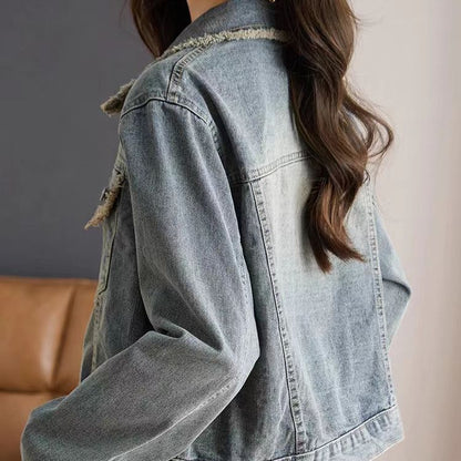 Damen Denimjacke Lässig Mit Fransen