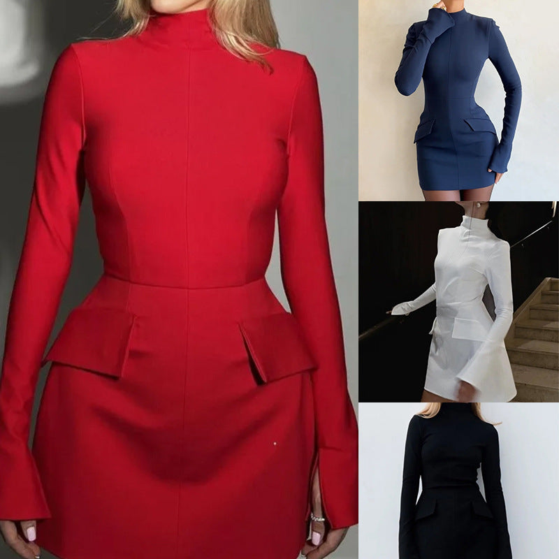 Damen Kleid mit hohem Kragen und Taschen Norvielle