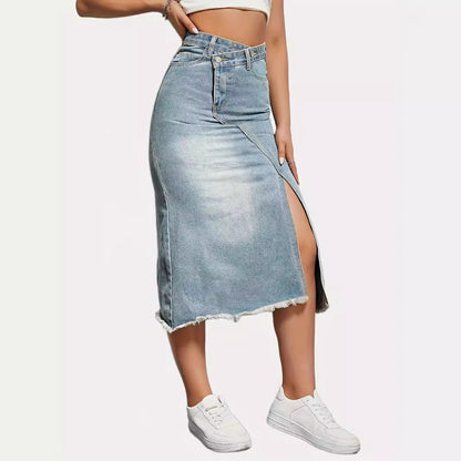Damen Denim-Rock Asymmetrischer Schlitz Fransiger Saum