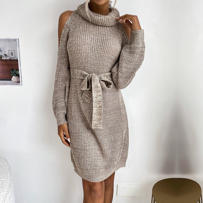 Damen Strickkleid Offene Schulter Taillengürtel Norvielle