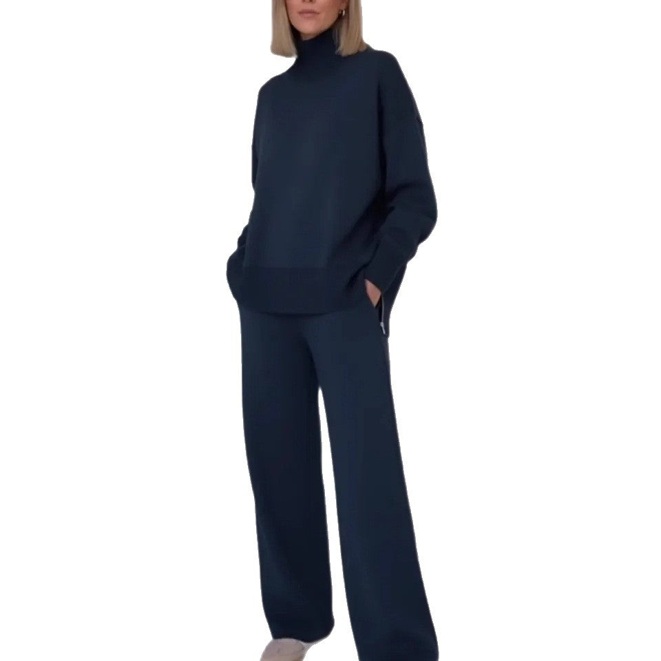 Damen Strick-Loungewear-Set Hochgeschlossener Pullover Weite Hose