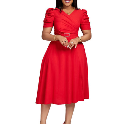 Damen Midi-Kleid Puffärmel Taillierter Gürtel