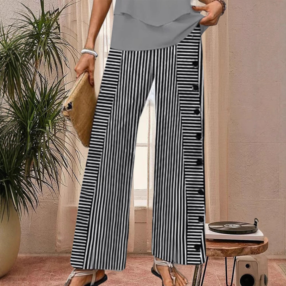 Damen Streifenpalazzo-Hose Weite Passform Knopfdetails