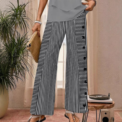 Damen Streifenpalazzo-Hose Weite Passform Knopfdetails