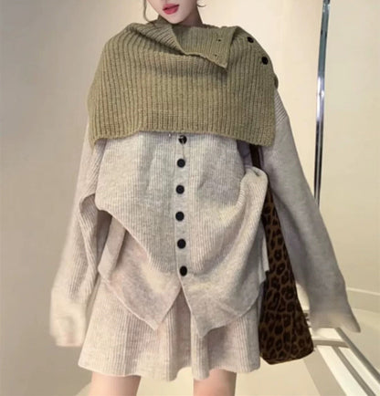 Damen Strickensemble Kontrastpullover Elegante Knöpfe Beige