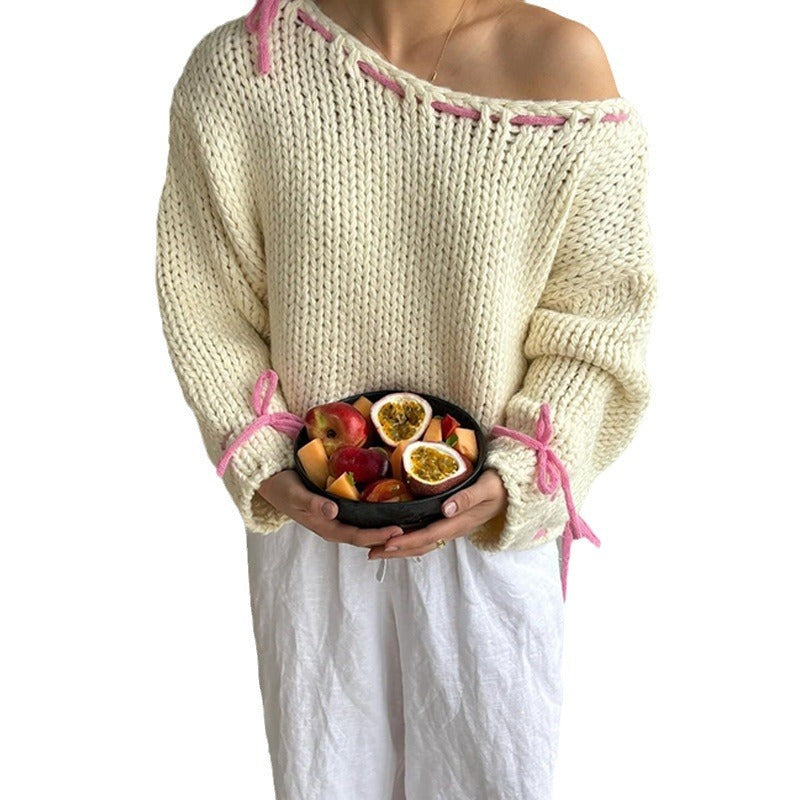 Damen Strickpullover Offene Schultern Kordelzug Norvielle