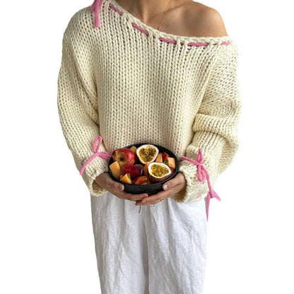 Damen Strickpullover Offene Schultern Kordelzug Norvielle