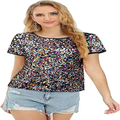 Damen Glitzerndes Pailletten T-Shirt Baumwolle Lässig