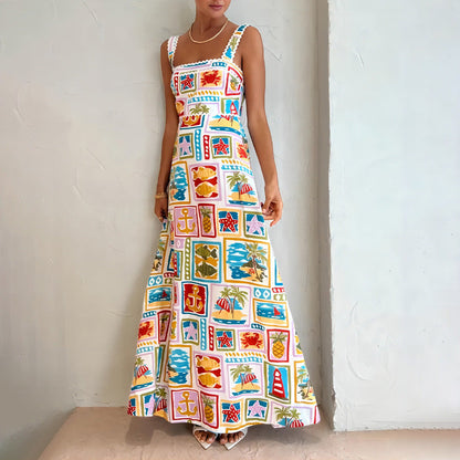 Damen Maxikleid Bunt Print Schmale Träger