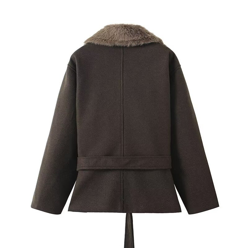 Damen Übergangsjacke Kunstfellkragen Taillengürtel Norvielle