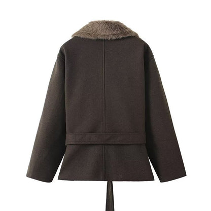Damen Übergangsjacke Kunstfellkragen Taillengürtel Norvielle