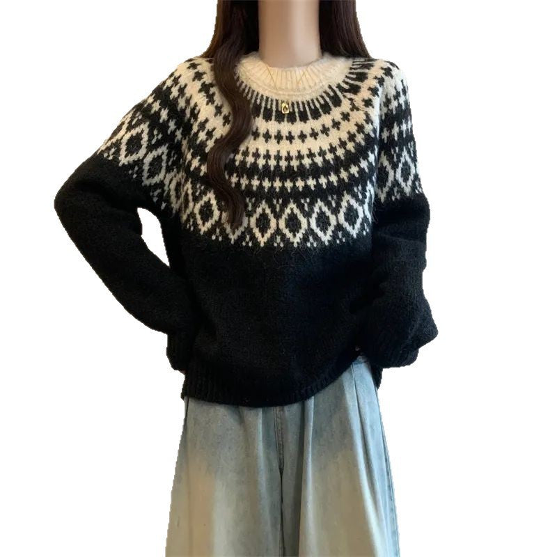 Damen Strickpullover Nordisches Muster Weich Grün