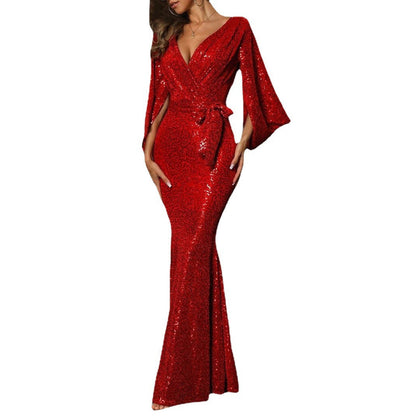 Damen Abendkleid Paillettenbesatz Weite Ärmel Norvielle