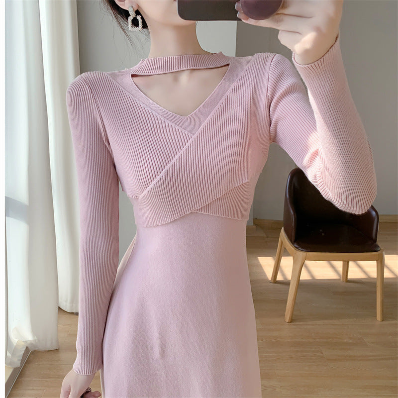 Damen Strickkleid Offene Schulter V-Ausschnitt Elegantes Design