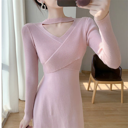 Damen Strickkleid Wickeldesign Cut-Out