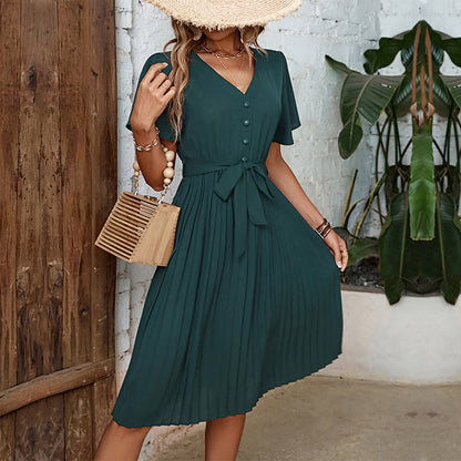 Damen Plissee-Kleid mit Taillengürtel und Knöpfen