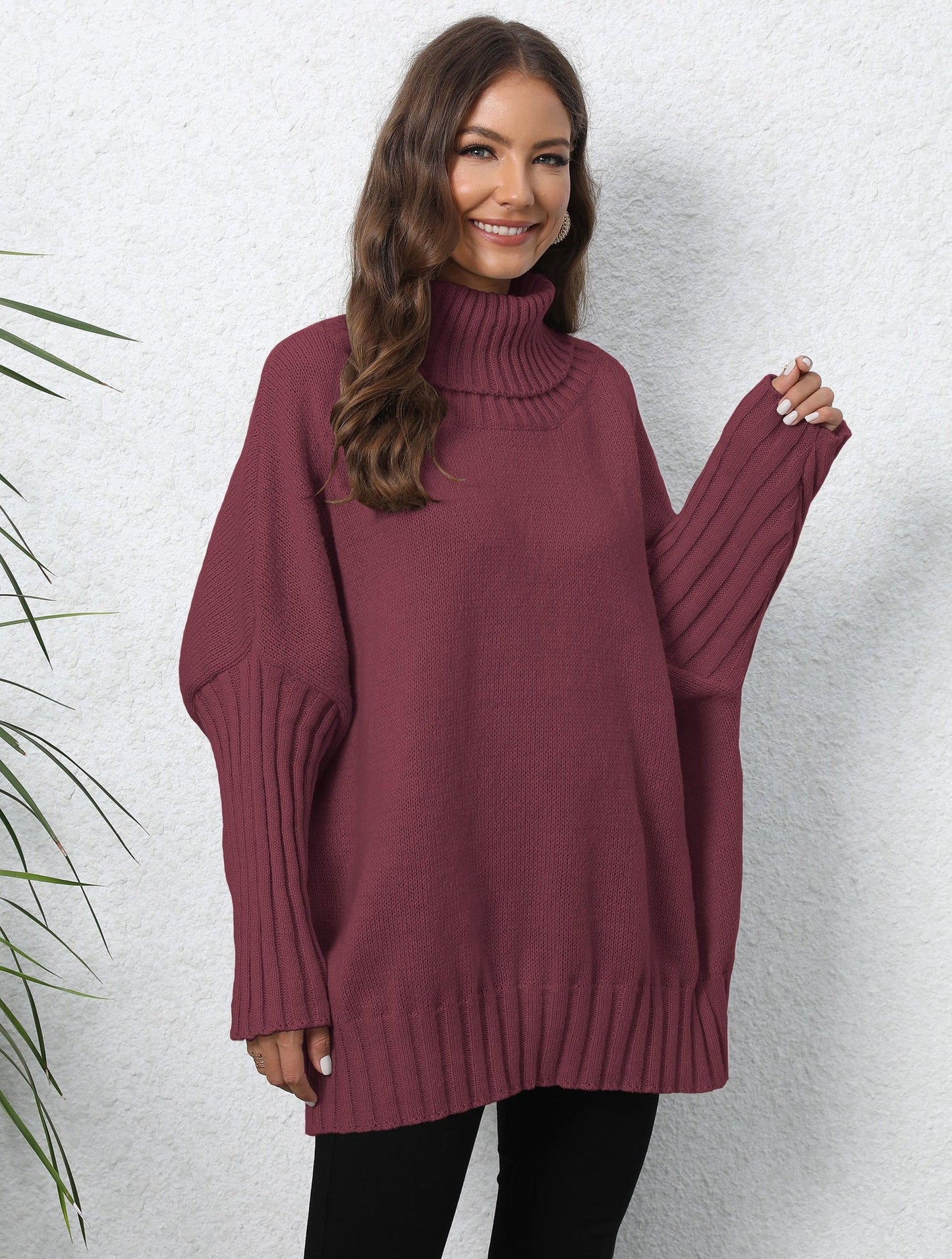 Damen Strickpullover Oversized Norvielle Hochkragen Voluminöse Ärmel