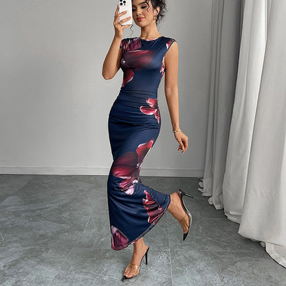 Damen Maxikleid Florales Design Figurformend