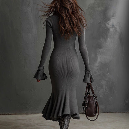 Damen Strickkleid Mit Reißverschluss Voluminöser Saum