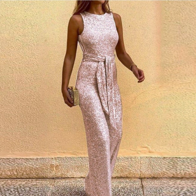 Damen Maxikleid mit Paillettenbesatz und Taillenbindung Norvielle - Norvielle