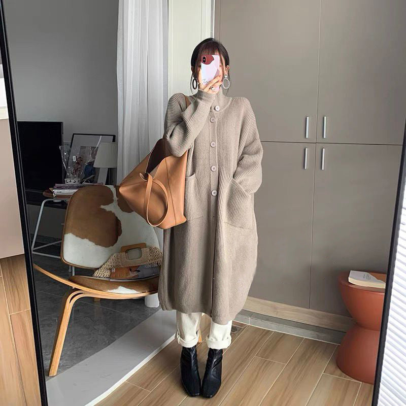 Damen Strickmantel Große Taschen Knopf Detail Beige