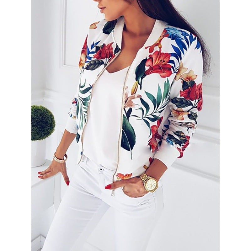 Damen Bomberjacke Florales Design Reißverschluss