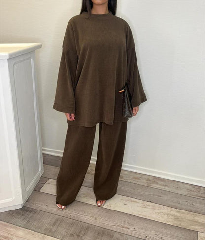 Damen Lounge-Set Weiches Ripp-Material Weiter Schnitt Beige