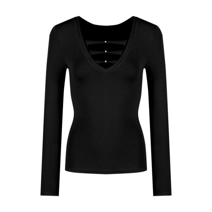 Damen Langarmshirt V-Ausschnitt Raffung Elegant