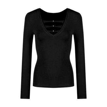 Damen Langarmshirt V-Ausschnitt Raffung Elegant