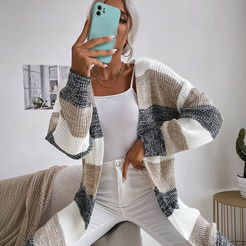 Damen Strickcardigan Lässiges Streifenmuster Offener Schnitt Beige