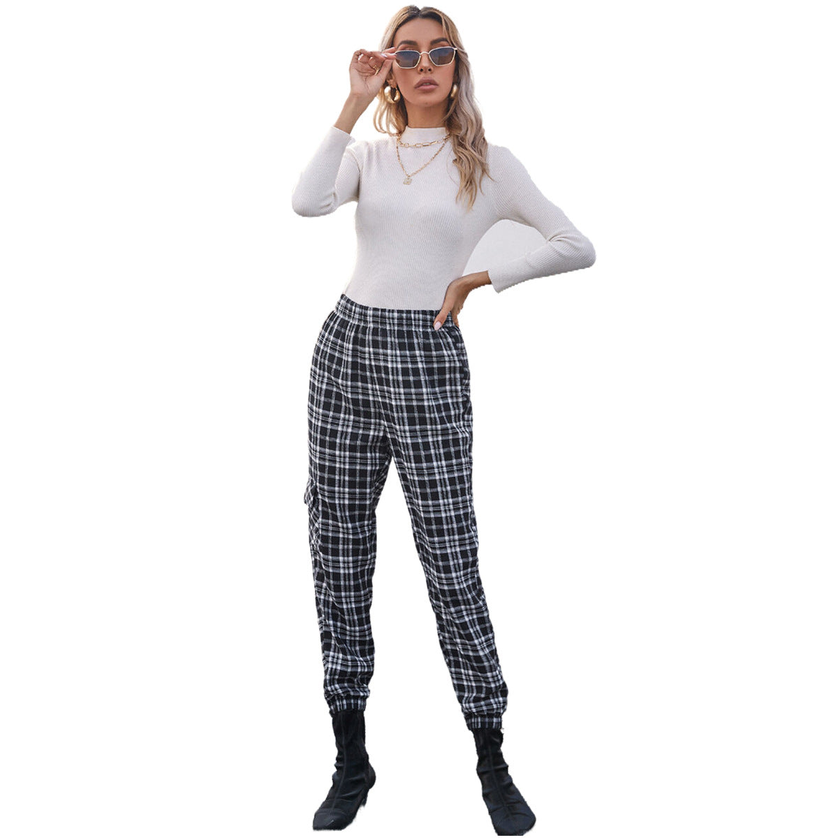 Damen Karohose Elastischer Bund Bequem Norvielle