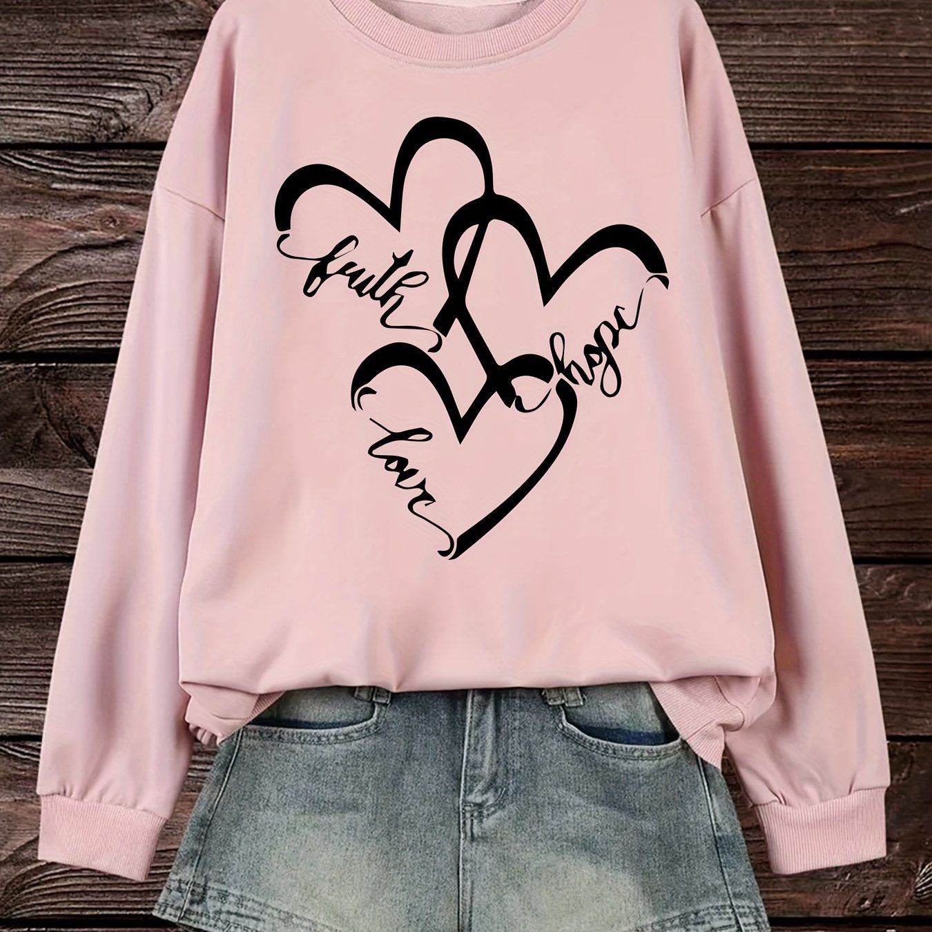 Damen Sweatshirt Romantische Herzen Aufdruck Rosa