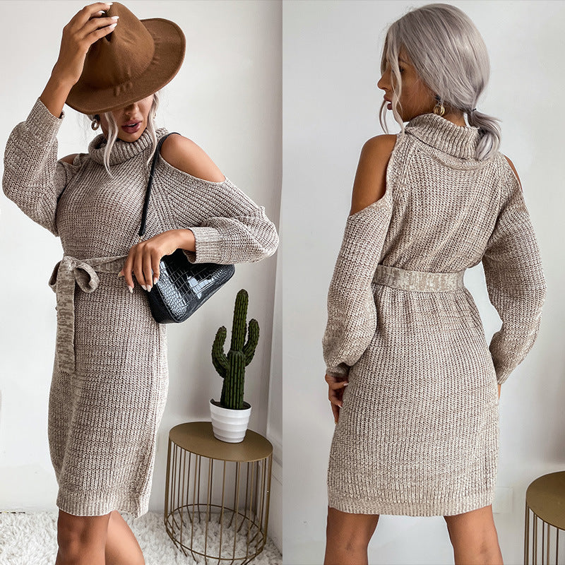 Damen Strickkleid Offene Schulter Taillengürtel Norvielle