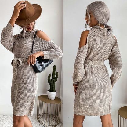 Damen Strickkleid Offene Schulter Taillengürtel Norvielle