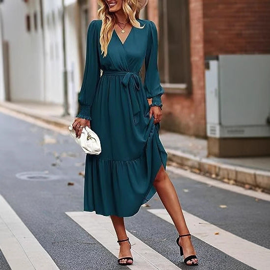 Damen Midi-Kleid V-Ausschnitt Bindegürtel Elegantes Kleid