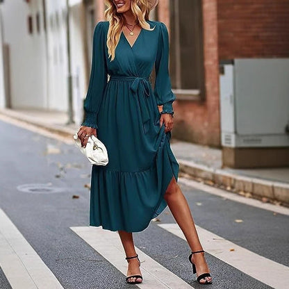 Damen Midi-Kleid V-Ausschnitt Bindegürtel Elegantes Kleid