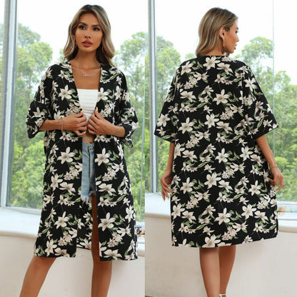 Damen Kimono Floralmuster Lässiger Schnitt Beige