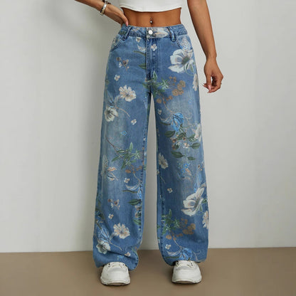 Damen Weite Jeans Florales Design Hochtailliert Schwarz - Norvielle