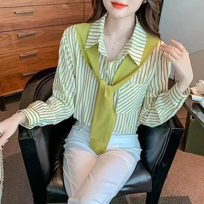 Damen Bluse Gestreift Lässiger Kragen Weiß