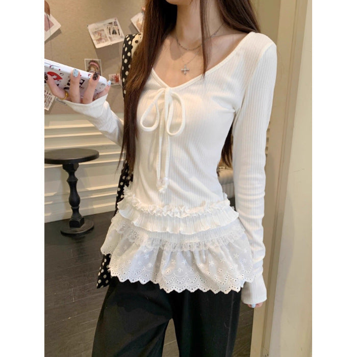 Damen Langarmshirt Rüschendetails Verstellbarer Ausschnitt Norvielle