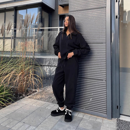 Damen Fleece Trainingsanzug Halb-Reißverschluss Elastischer Bund