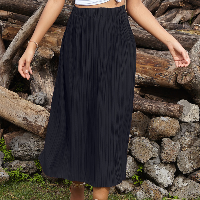Damen Maxirock Plissee Elastischer Bund Schwarz - Norvielle