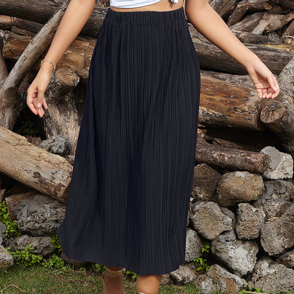 Damen Maxirock Plissee Elastischer Bund Schwarz - Norvielle
