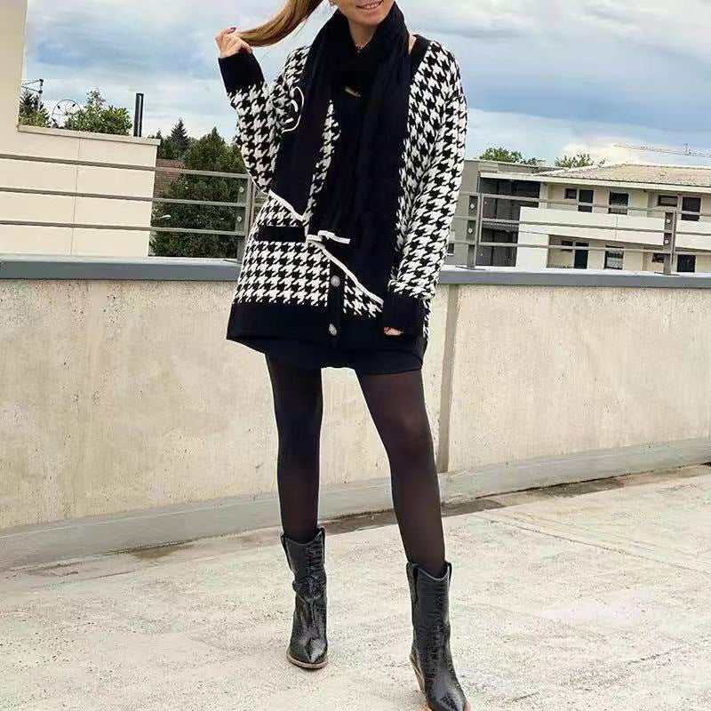 Damen Strickcardigan Hahnentrittmuster Große Knöpfe