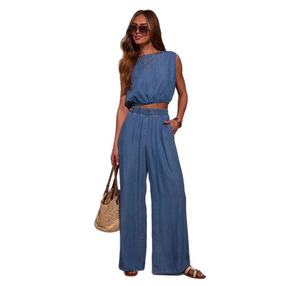 Damen Denim Set Cropped Oberteil Weite Hose