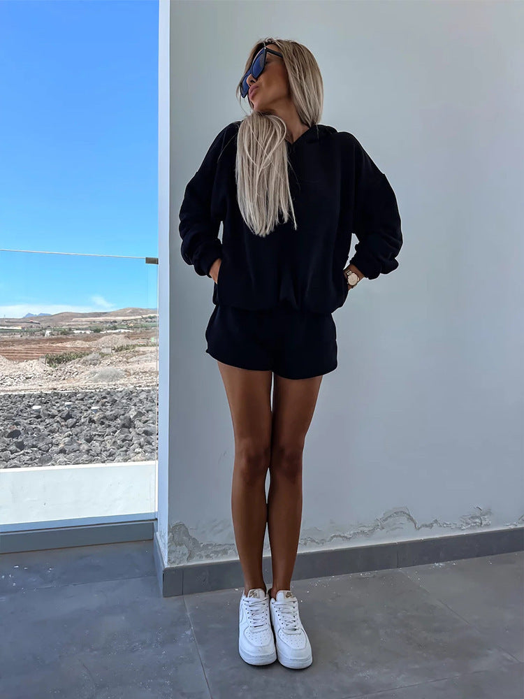 Damen Hoodie und Shorts Minimalistisch Beige