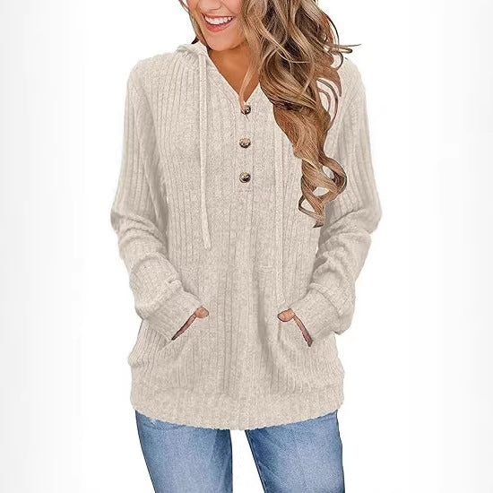 Damen Kapuzenpullover Kuschelfleece Knöpfe Seitentaschen Norvielle