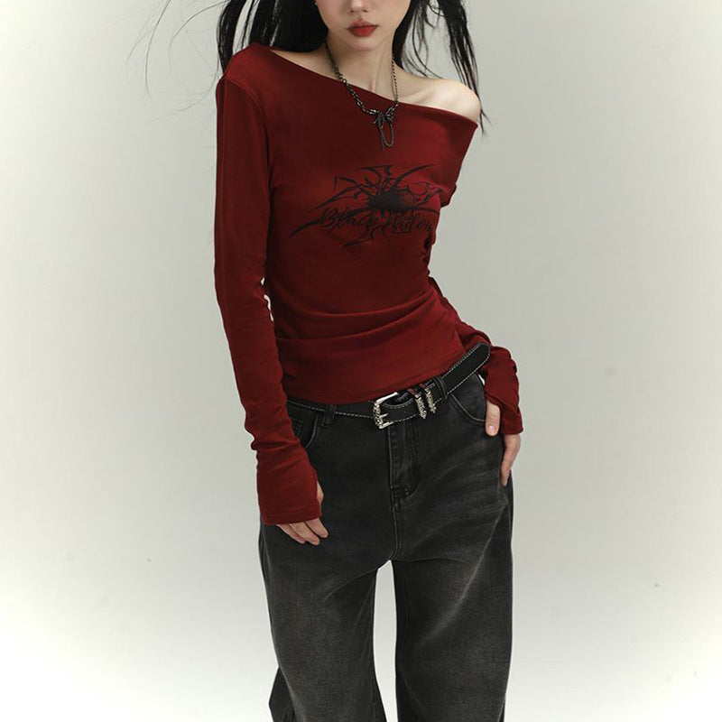 Damen Langarmshirt Asymmetrischer Ausschnitt Grafikdruck - Norvielle