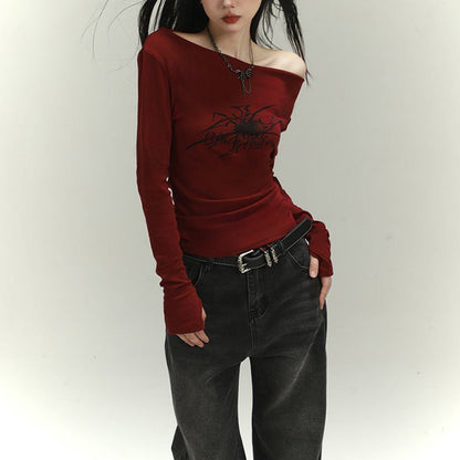 Damen Langarmshirt Asymmetrischer Ausschnitt Grafikdruck - Norvielle